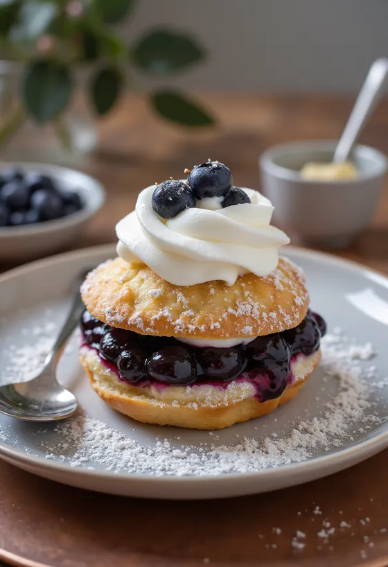 Semla con mermelada de arándanos, servida con crema batida