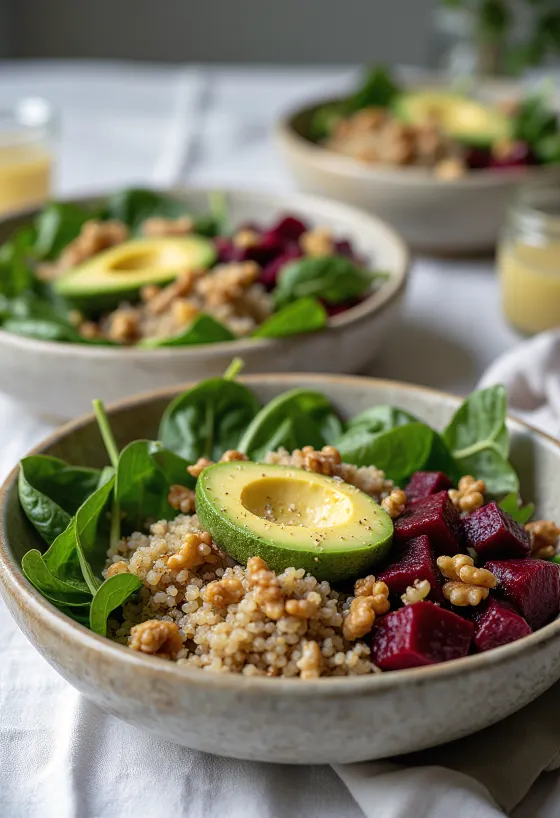 Buddha bowl de quinoa con espinacas y betabel