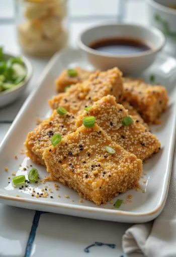Tofu empanizado con ajonjolí, frito crujiente y dorado, servido con verduras frescas