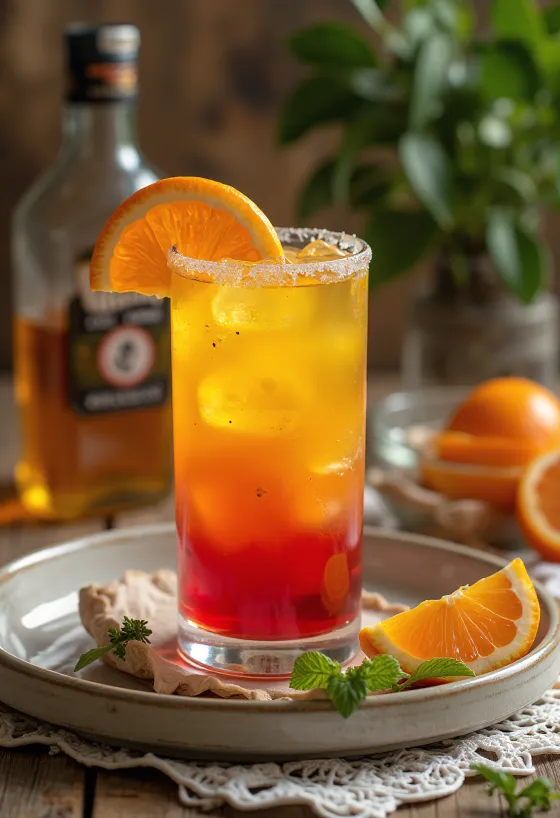Cóctel Tequila Sunrise decorado con rebanada de naranja y cereza
