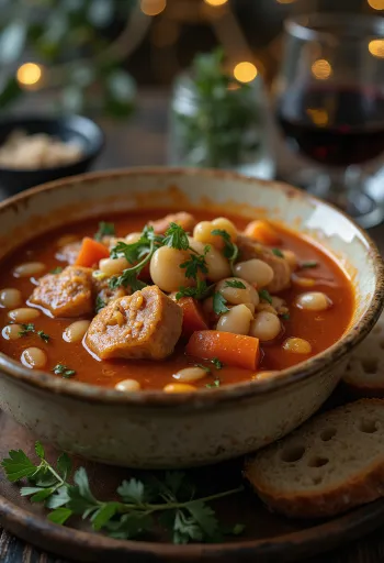 Goulash de frijoles tradicional servido con abundantes verduras y carne ahumada