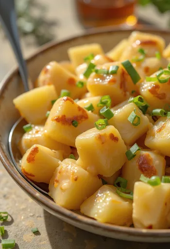 Ensalada de papa cremosa con mayonesa y BBQ servida en un plato