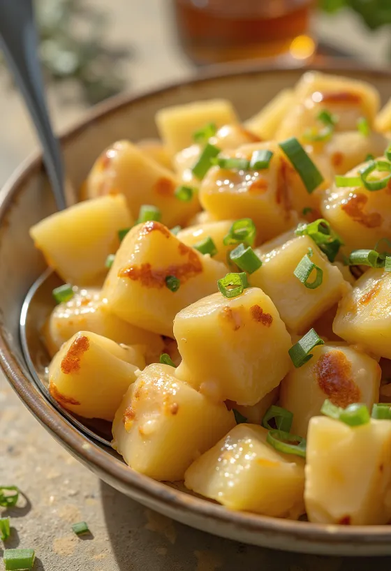Ensalada de papa cremosa con mayonesa y BBQ servida en un plato