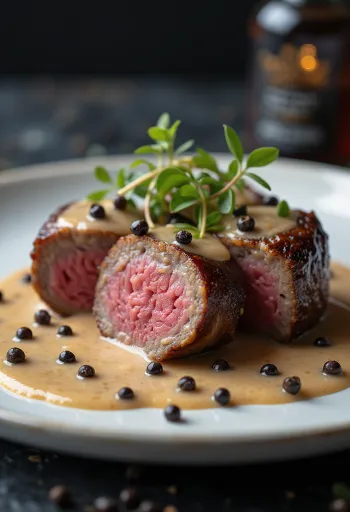 Filete de emú con salsa de pimienta servido con verduras.