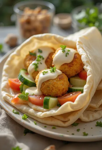 Falafel en pan pita con verduras frescas y salsa tahini