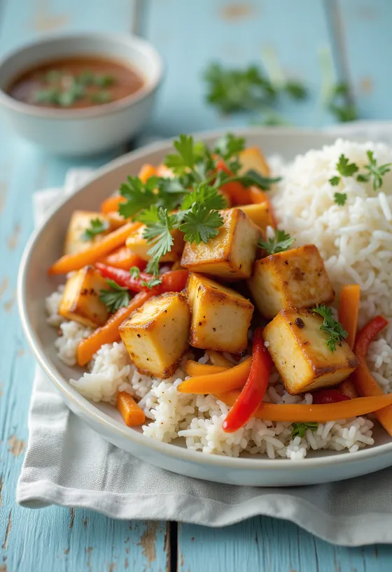 Salteado de tofu con verduras y arroz servido