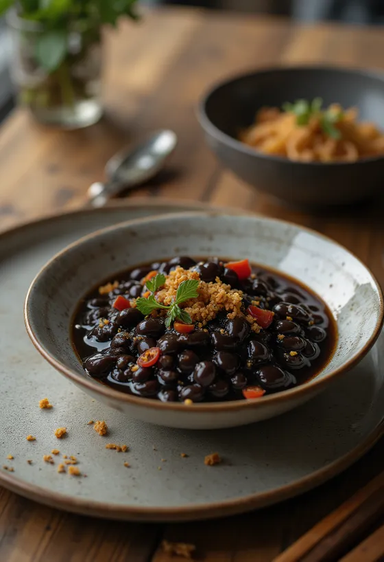 Salsa de frijol negro servida con arroz y verduras