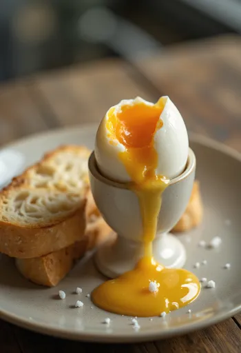 Huevo tibio recién cocido, servido para el desayuno.