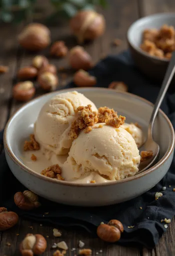 Helado cremoso de leche con avellana servido
