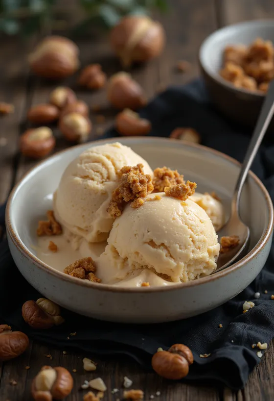 Helado cremoso de leche con avellana servido