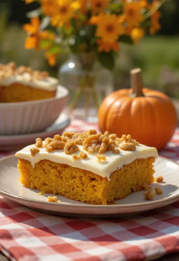 Pastel de calabaza de otoño decorado con nuez tostada