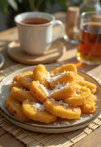 Pisang Goreng servido con coco rallado, bocados de plátano crujientes y dorados