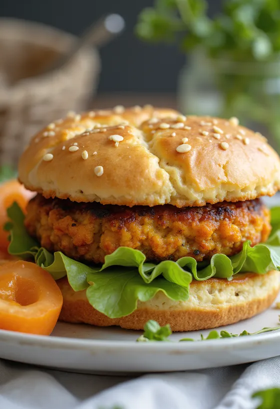Hamburguesa prebiótica de verduras servida con verduras frescas en pan integral