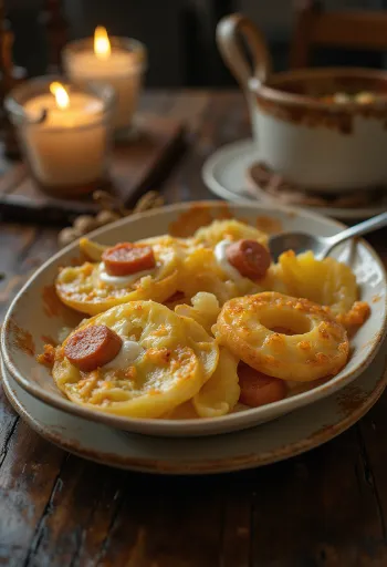 Rakott krumpli en capas con salchicha y huevo con crema ácida