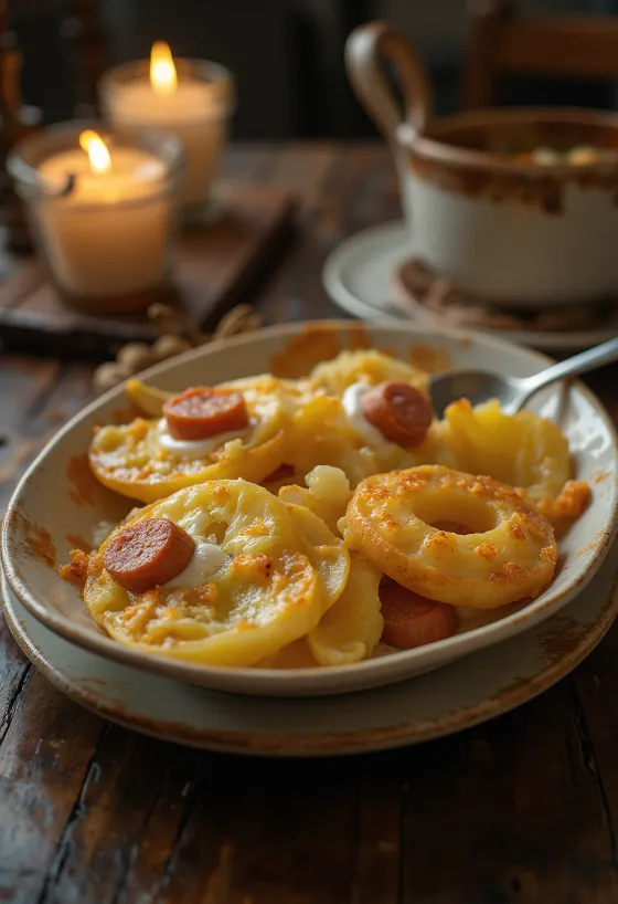 Rakott krumpli en capas con salchicha y huevo con crema ácida