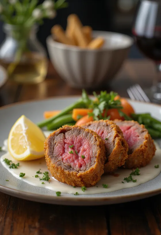 Filete de res empanizado servido crujiente