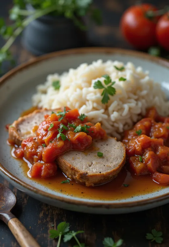 Chuletas de cerdo con Lecsó y arroz al vapor servido