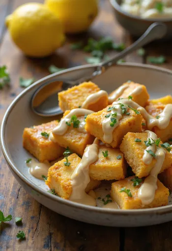 Tofu frito con aderezo de tahini y limón servido con perejil fresco y ajonjolí