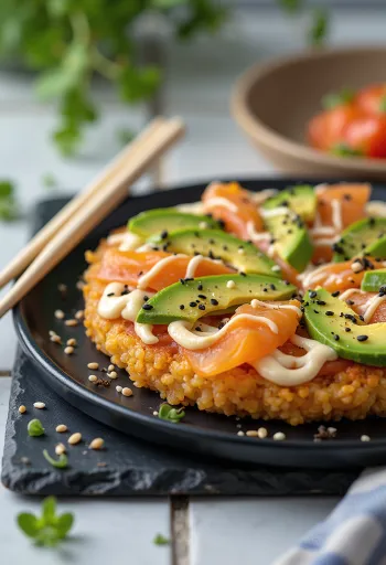 Pizza de sushi con base de arroz, salmón y aguacate