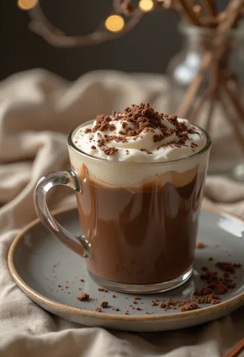 Chocolate caliente con vainilla decorado con crema batida y virutas de chocolate