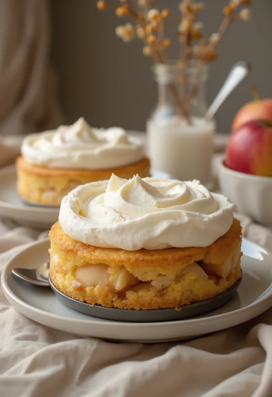 Pastel de manzana con crema batida servido con rebanadas de manzana