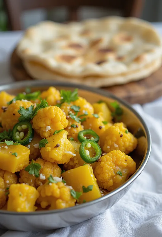 Aloo gobi con chile, servido con cilantro fresco
