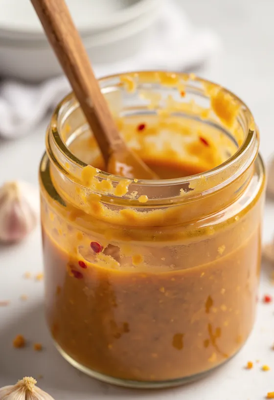 Marinada espesa de crema de cacahuate y chile en un frasco