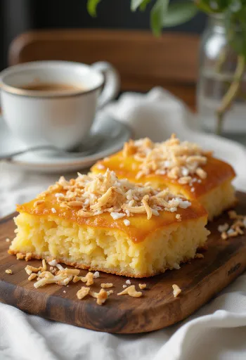 Pastel de Yuca con coco rallado, pastel fresco y dulce rebanado
