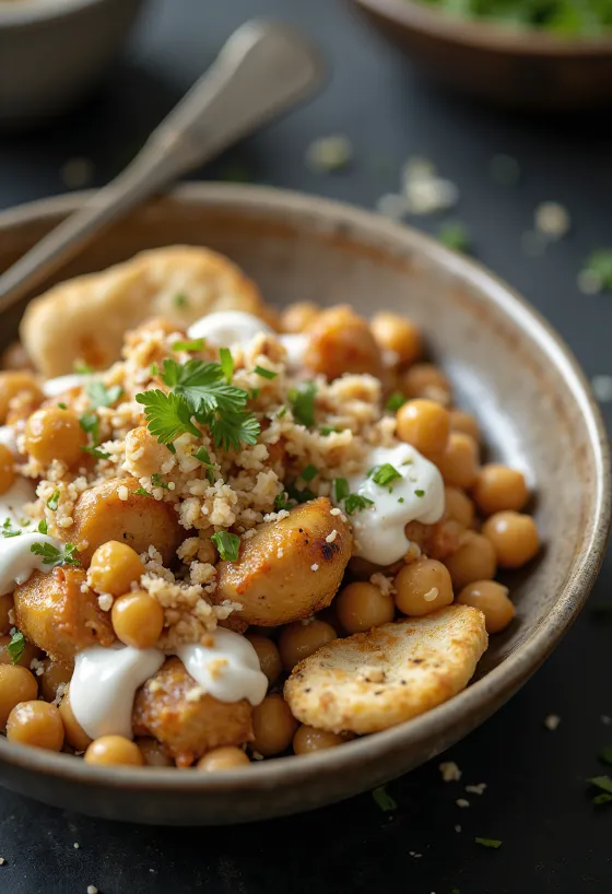 Fatteh con pollo, trozos de pan pita tostado, garbanzos, yogur con tahini y piñones tostados.