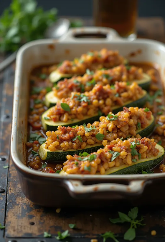Calabacitas rellenas de lentejas y cuscús servidas
