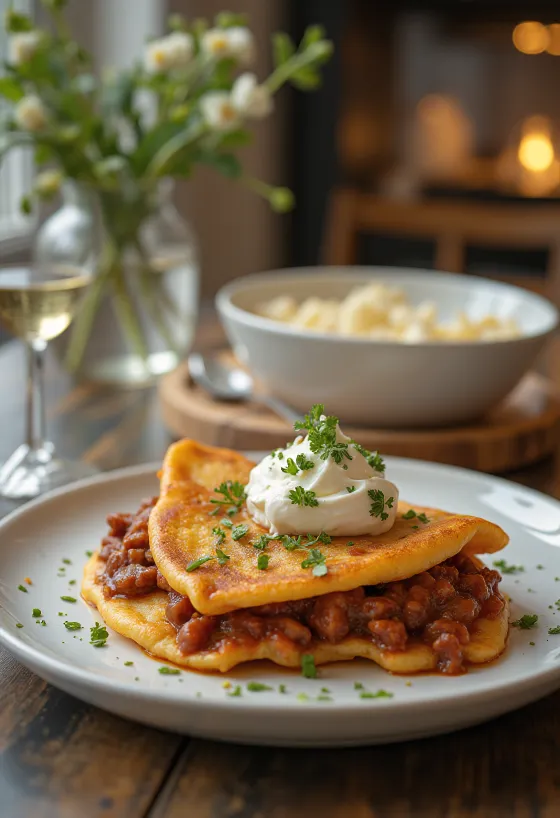 Crepas de Goulash servidas con crema ácida
