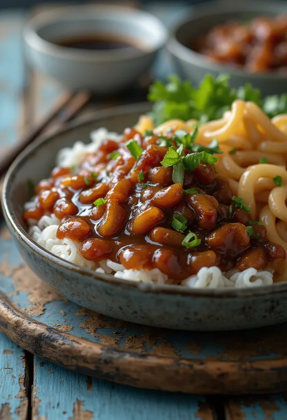 Salsa Hoisin servida con platillos asiáticos