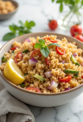 Kısır servido con chile picante, verduras frescas y perejil