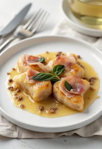 Saltimbocca con salsa de vino blanco, ternera, prosciutto y hierbas frescas