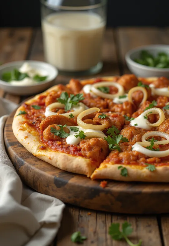 Pizza de pollo tandoori con especias indias y cilantro