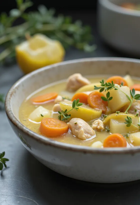 Cremosa sopa de pollo al estragón, decorada con verduras y estragón fresco.