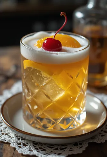 Cóctel Whisky Sour decorado con rebanada de naranja y cereza