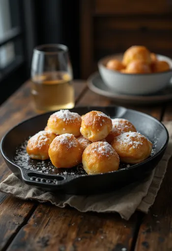 Dona esférica danesa Æbleskiver espolvoreada con azúcar glass