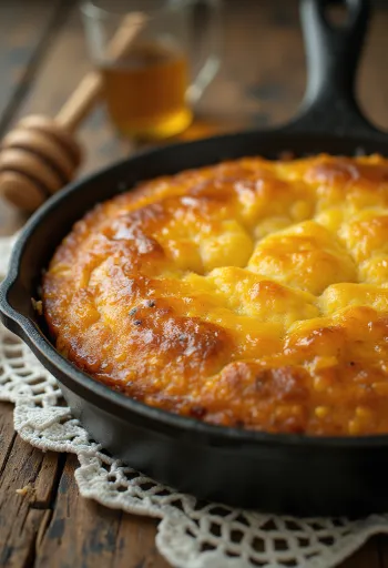 Rebanadas de cornbread con miel, servidas bellamente en un plato sencillo