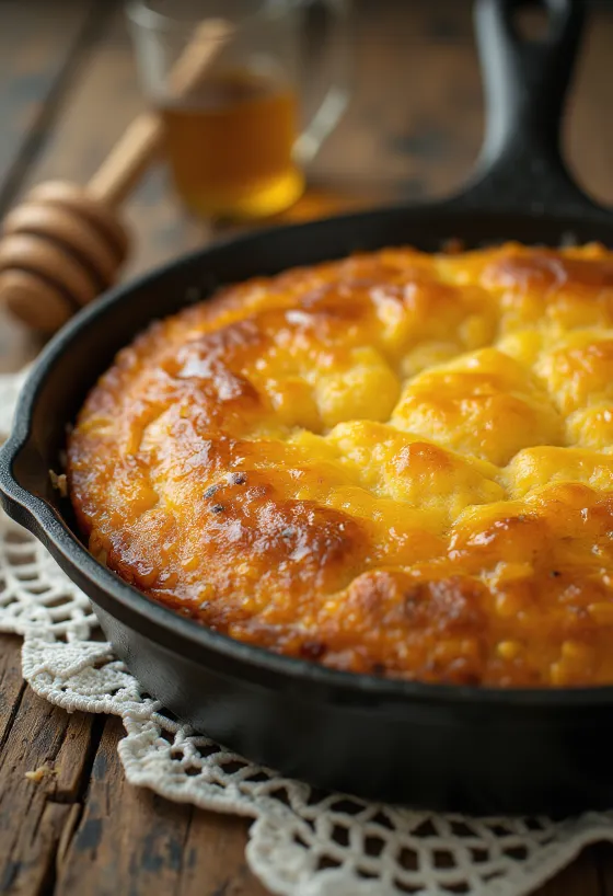Rebanadas de cornbread con miel, servidas bellamente en un plato sencillo