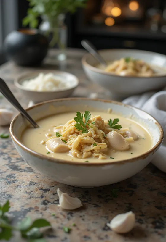 Crema de pollo al ajo servida