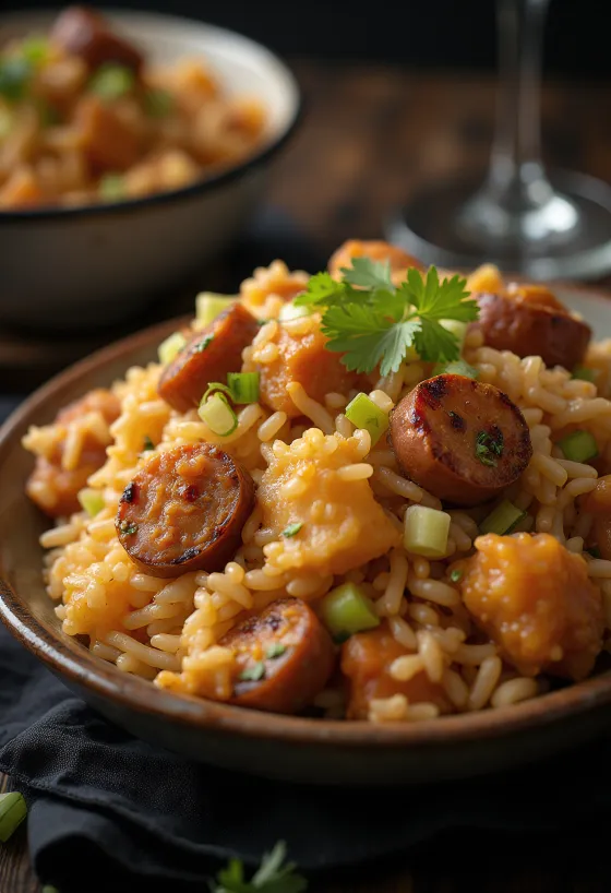 Jambalaya con carne y salchicha, platillo de arroz con rico condimento