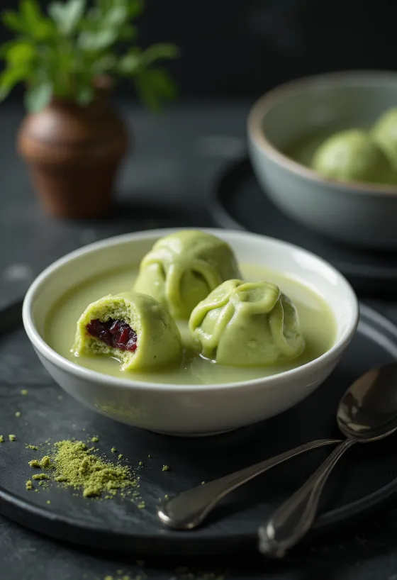 Tangyuan de matcha, bolas de harina de arroz verde, espolvoreadas con coco