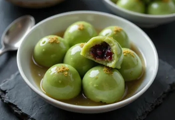 Tangyuan de matcha, bolas de harina de arroz verde, espolvoreadas con coco