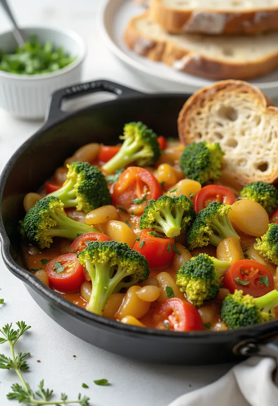 Lecsó prebiótico de brócoli y puerro servido con verduras frescas