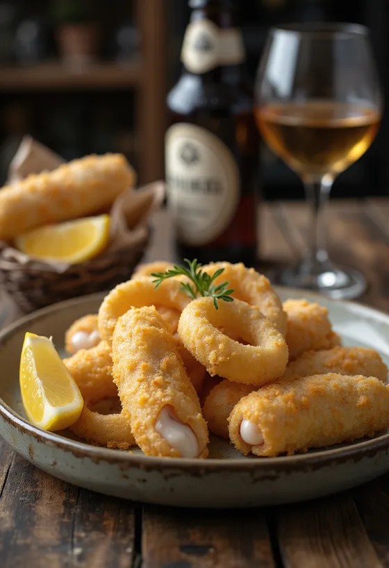 Calamares empanizados rellenos de cerdo con limón y perejil