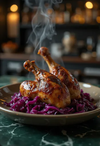 Pato asado con col morada estofada