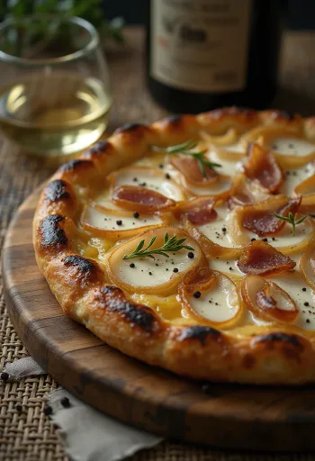 Tarte flambée con crema, cebolla y tocino