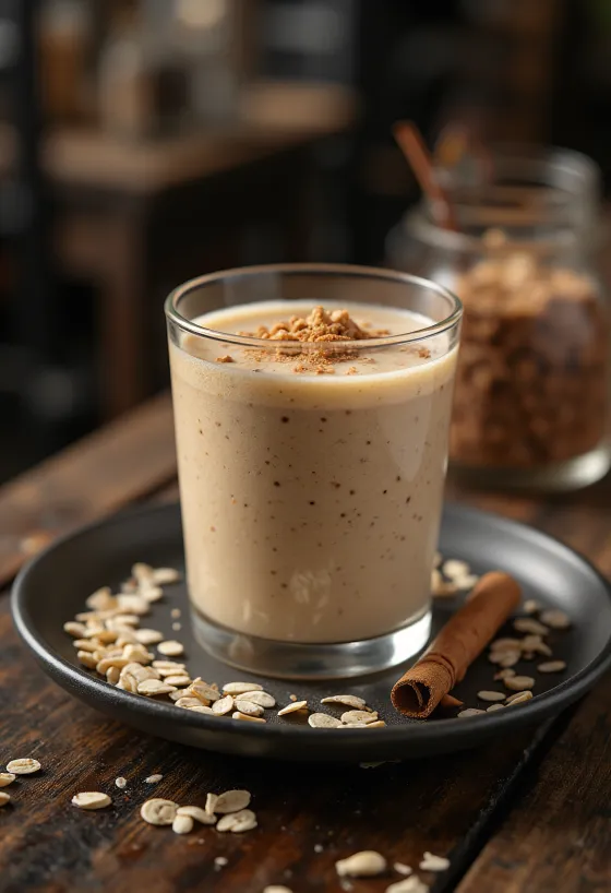 Smoothie de avena en vaso alto, decorado con hojuelas de avena y canela