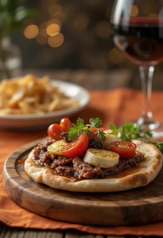 Pita Especial del Chef con carne de res, queso camembert y arúgula